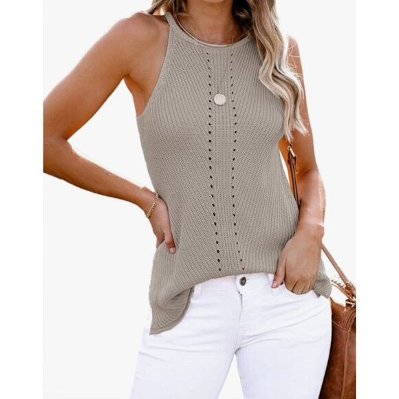 Women's S Scoop Neck Knit Tank Top Casual Loose Sleeveless Split Sides Taupe - Picture 1 of 11